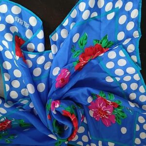 Bill Blass Blue Scarf with White Dots and Red Floral Design